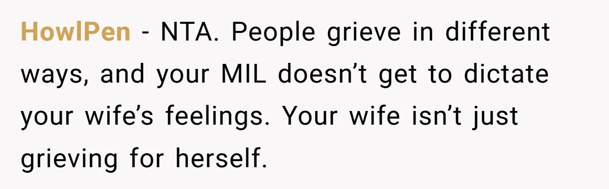 HowlPen − NTA. People grieve in different ways, and your MIL doesn’t get to dictate your wife’s feelings. Your wife isn’t just grieving for herself.