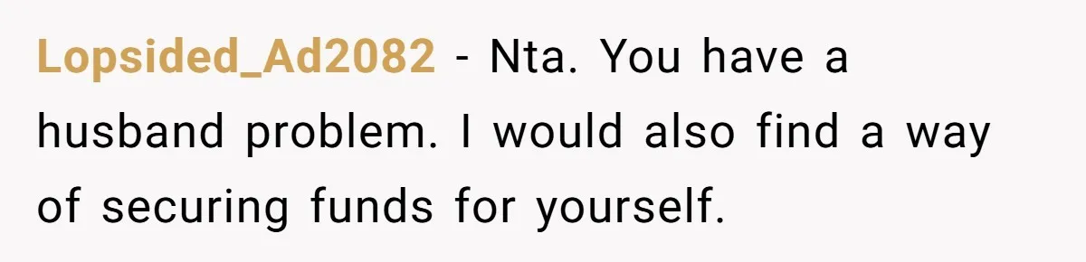 Lopsided_Ad2082 − Nta. You have a husband problem. I would also find a way of securing funds for yourself.