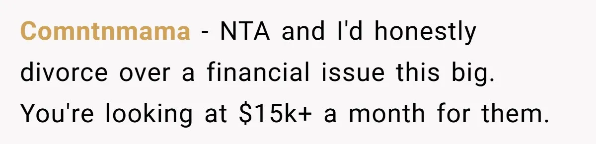 Comntnmama − NTA and I'd honestly divorce over a financial issue this big. You're looking at $15k+ a month for them.