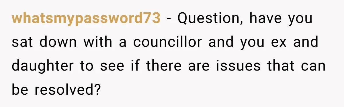 Daughter Avoids Seeing Mom, Dad Forces Her To Do So Without Looking Into The True Reasons whatsmypassword73 − Question, have you sat down with a councillor and you ex and daughter to see if there are issues that can be resolved?
