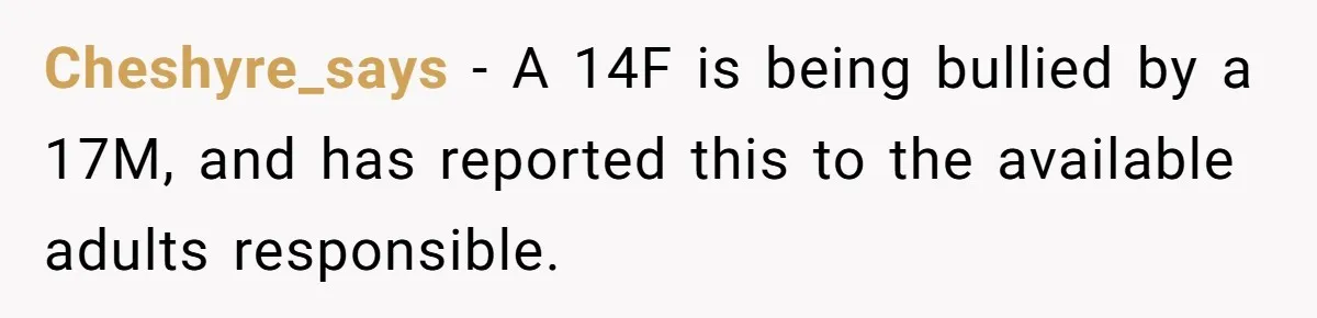 Daughter Avoids Seeing Mom, Dad Forces Her To Do So Without Looking Into The True Reasons Cheshyre_says − A 14F is being bullied by a 17M, and has reported this to the available adults responsible.