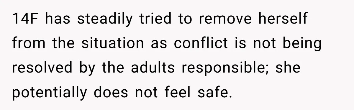 Daughter Avoids Seeing Mom, Dad Forces Her To Do So Without Looking Into The True Reasons 14F has steadily tried to remove herself from the situation as conflict is not being resolved by the adults responsible; she potentially does not feel safe.
