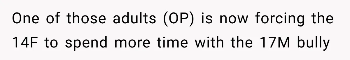 Daughter Avoids Seeing Mom, Dad Forces Her To Do So Without Looking Into The True Reasons One of those adults (OP) is now forcing the 14F to spend more time with the 17M bully