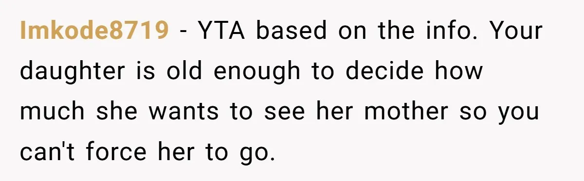 Daughter Avoids Seeing Mom, Dad Forces Her To Do So Without Looking Into The True Reasons Imkode8719 − YTA based on the info. Your daughter is old enough to decide how much she wants to see her mother so you can't force her to go.