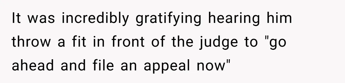 It was incredibly gratifying hearing him throw a fit in front of the judge to "go ahead and file an appeal now"