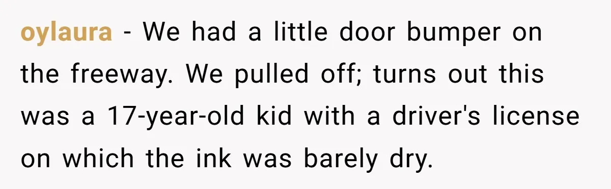 oylaura − We had a little door bumper on the freeway. We pulled off; turns out this was a 17-year-old kid with a driver's license on which the ink was...