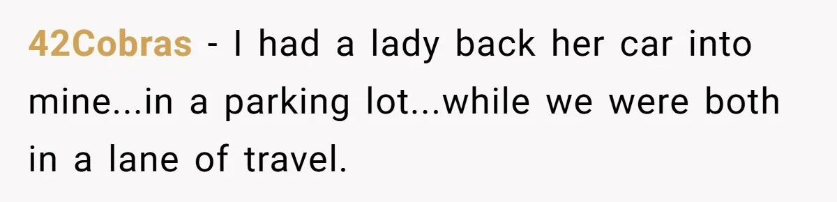 42Cobras − I had a lady back her car into mine...in a parking lot...while we were both in a lane of travel.