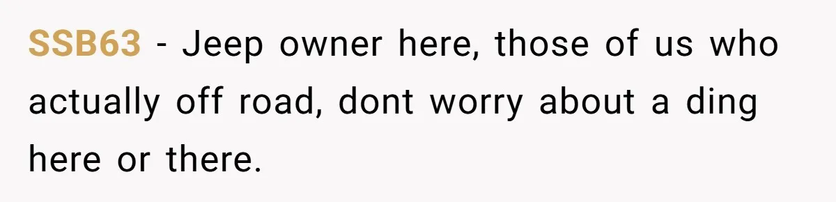SSB63 − Jeep owner here, those of us who actually off road, dont worry about a ding here or there.