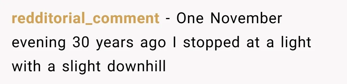 redditorial_comment − One November evening 30 years ago I stopped at a light with a slight downhill