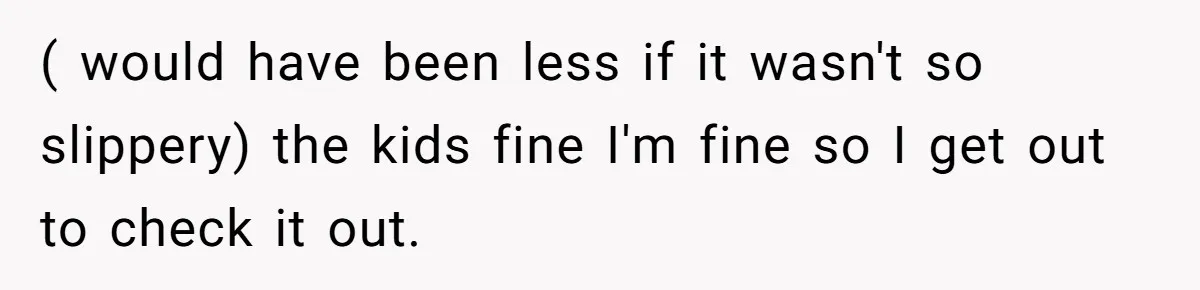 ( would have been less if it wasn't so slippery) the kids fine I'm fine so I get out to check it out.