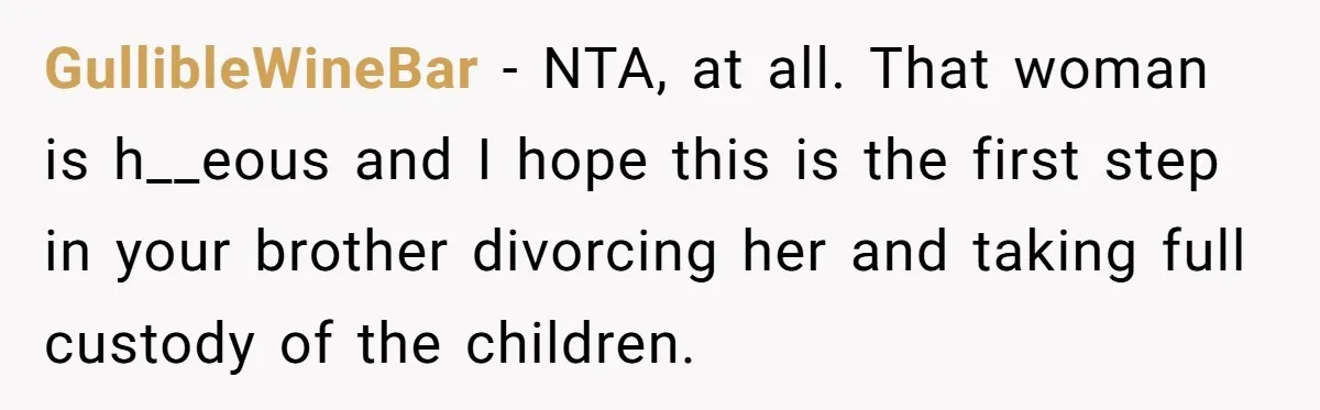 GullibleWineBar − NTA, at all. That woman is h__eous and I hope this is the first step in your brother divorcing her and taking full custody of the children.