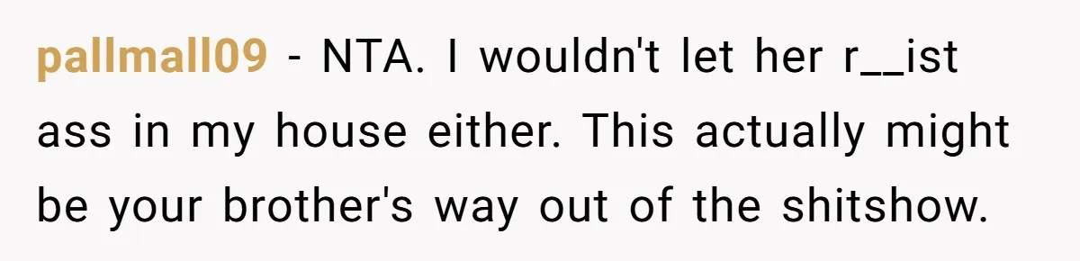 pallmall09 − NTA. I wouldn't let her r__ist ass in my house either. This actually might be your brother's way out of the shitshow.