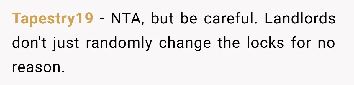 Tapestry19 − NTA, but be careful. Landlords don't just randomly change the locks for no reason.