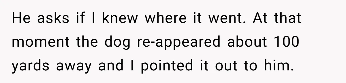He asks if I knew where it went. At that moment the dog re-appeared about 100 yards away and I pointed it out to him.