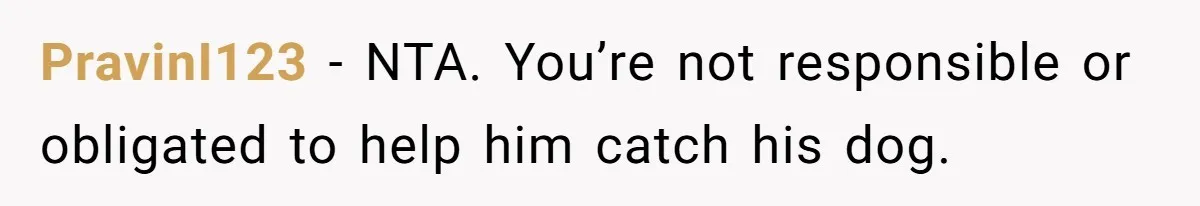 PravinI123 − NTA. You’re not responsible or obligated to help him catch his dog.