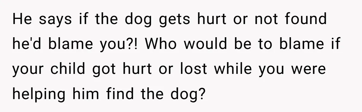 He says if the dog gets hurt or not found he'd blame you?! Who would be to blame if your child got hurt or lost while you were helping him...
