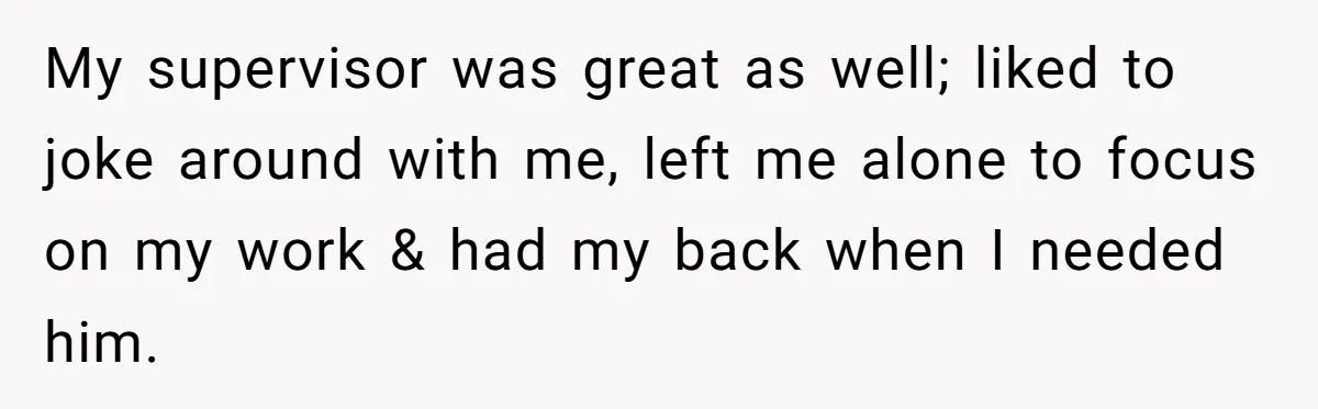 My supervisor was great as well; liked to joke around with me, left me alone to focus on my work & had my back when I needed him.