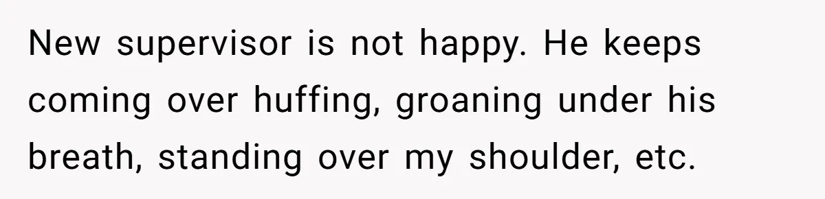 New supervisor is not happy. He keeps coming over huffing, groaning under his breath, standing over my shoulder, etc.