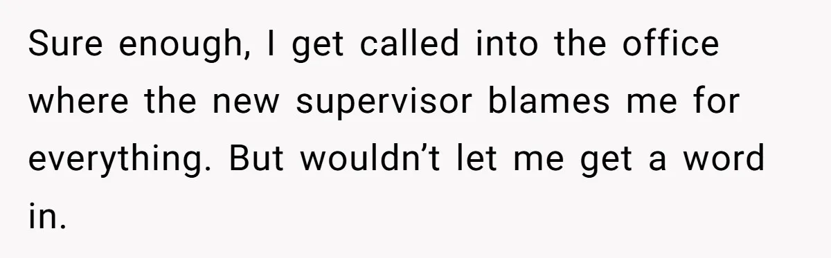 Sure enough, I get called into the office where the new supervisor blames me for everything. But wouldn’t let me get a word in.