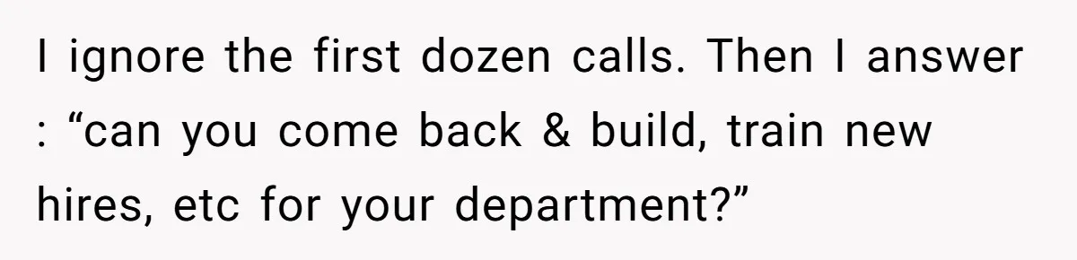 I ignore the first dozen calls. Then I answer : “can you come back & build, train new hires, etc for your department?”