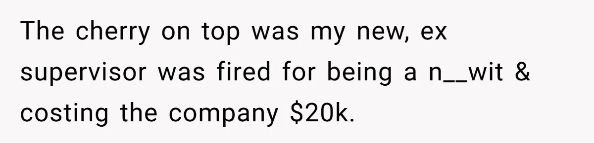The cherry on top was my new, ex supervisor was fired for being a n__wit & costing the company $20k.