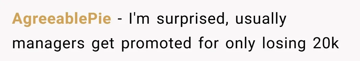 AgreeablePie − I'm surprised, usually managers get promoted for only losing 20k