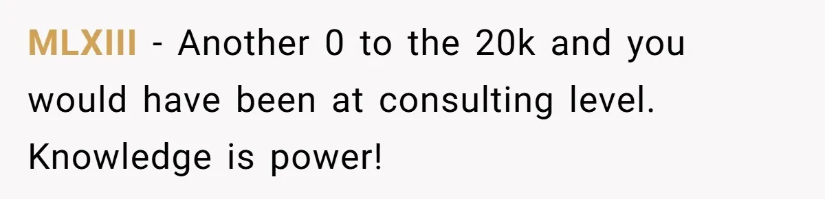 MLXIII − Another 0 to the 20k and you would have been at consulting level. Knowledge is power!