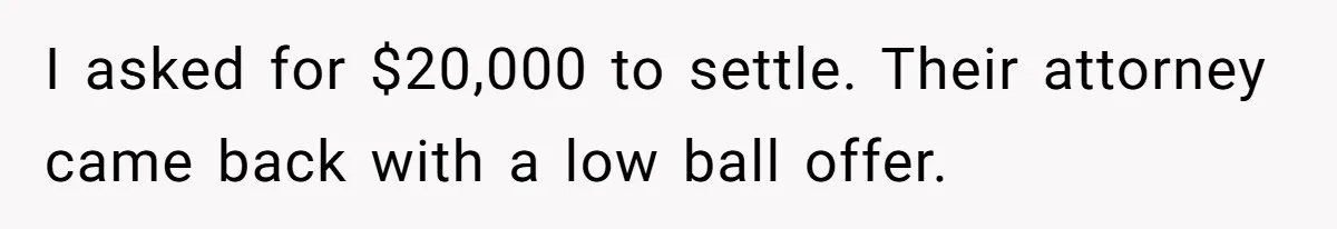 I asked for $20,000 to settle. Their attorney came back with a low ball offer.