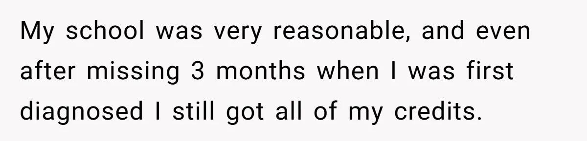 My school was very reasonable, and even after missing 3 months when I was first diagnosed I still got all of my credits.