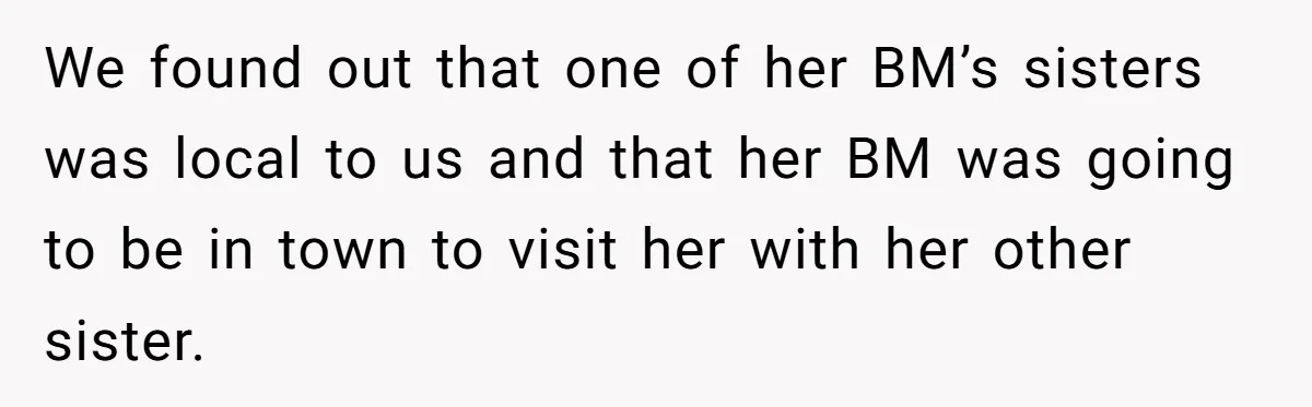 We found out that one of her BM’s sisters was local to us and that her BM was going to be in town to visit her with her other sister.