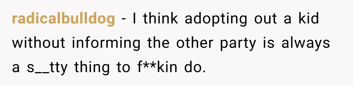 radicalbulldog − I think adopting out a kid without informing the other party is always a s__tty thing to f**kin do.