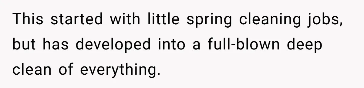 Pregnant Woman Trips Over Suitcase Husband Never Put Away, Husband Accuses Her Of Doing It “On Purpose” This started with little spring cleaning jobs, but has developed into a full-blown deep clean of everything.