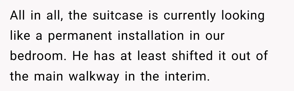Pregnant Woman Trips Over Suitcase Husband Never Put Away, Husband Accuses Her Of Doing It “On Purpose” All in all, the suitcase is currently looking like a permanent installation in our bedroom. He has at least shifted it out of the main walkway in the interim.