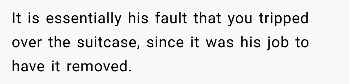 Pregnant Woman Trips Over Suitcase Husband Never Put Away, Husband Accuses Her Of Doing It “On Purpose” It is essentially his fault that you tripped over the suitcase, since it was his job to have it removed.