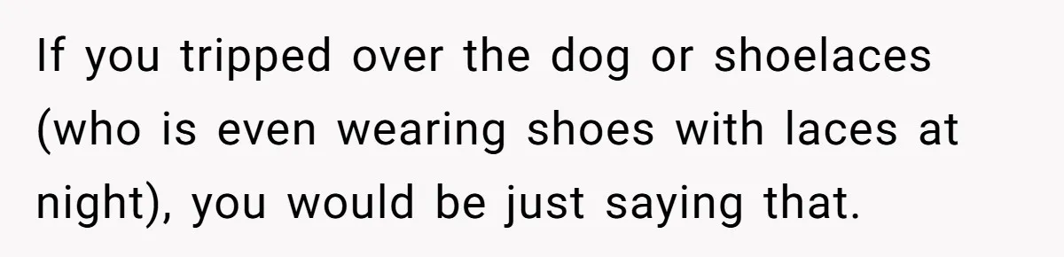Pregnant Woman Trips Over Suitcase Husband Never Put Away, Husband Accuses Her Of Doing It “On Purpose” If you tripped over the dog or shoelaces (who is even wearing shoes with laces at night), you would be just saying that.