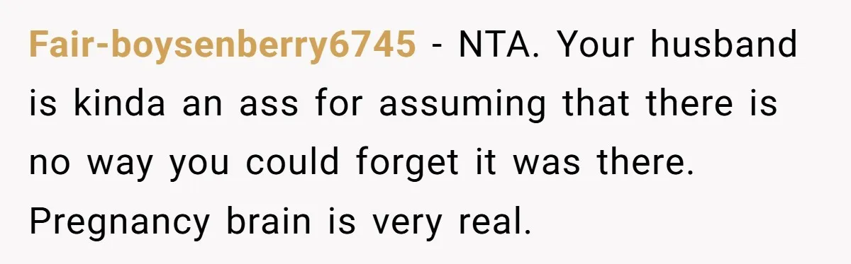 Pregnant Woman Trips Over Suitcase Husband Never Put Away, Husband Accuses Her Of Doing It “On Purpose” Fair-boysenberry6745 − NTA. Your husband is kinda an ass for assuming that there is no way you could forget it was there. Pregnancy brain is very real.