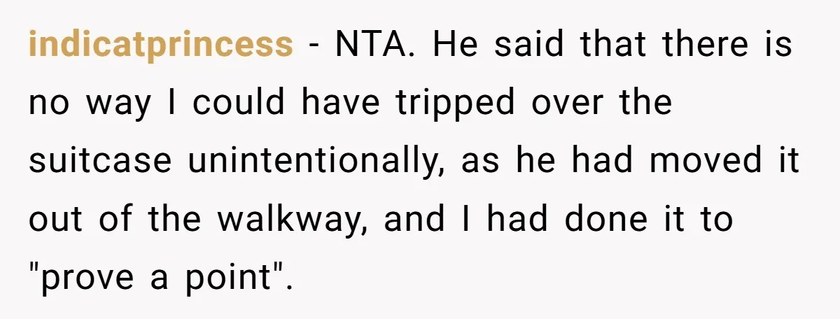Pregnant Woman Trips Over Suitcase Husband Never Put Away, Husband Accuses Her Of Doing It “On Purpose” indicatprincess − NTA. He said that there is no way I could have tripped over the suitcase unintentionally, as he had moved it out of the walkway, and I had...
