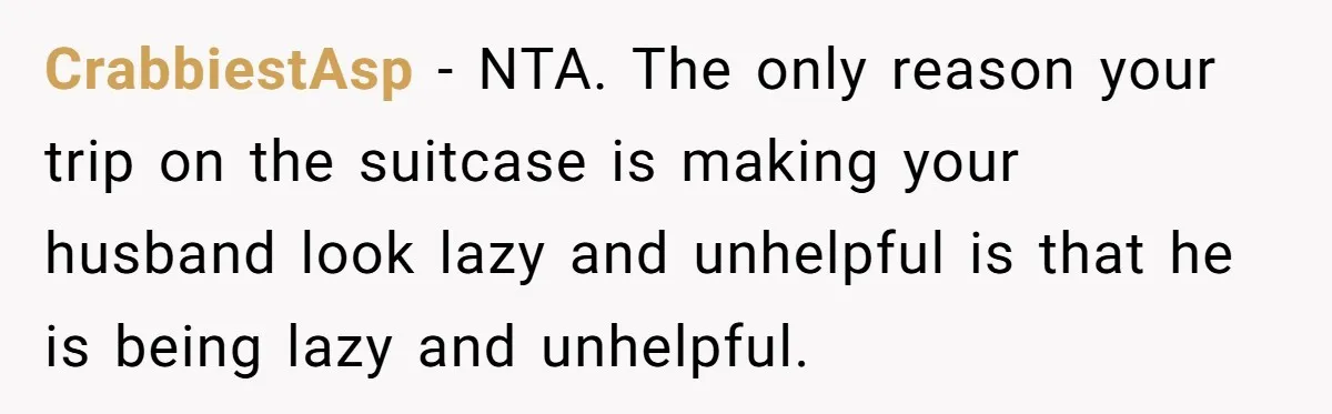 Pregnant Woman Trips Over Suitcase Husband Never Put Away, Husband Accuses Her Of Doing It “On Purpose” CrabbiestAsp − NTA. The only reason your trip on the suitcase is making your husband look lazy and unhelpful is that he is being lazy and unhelpful.