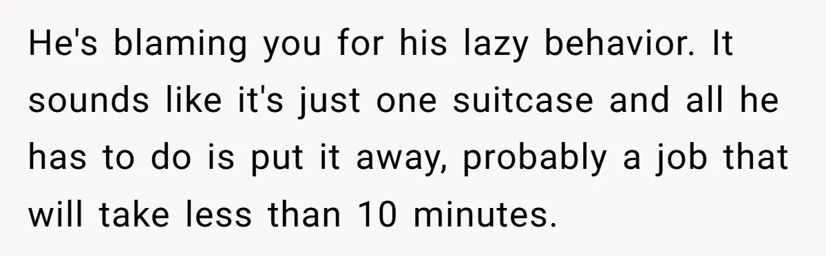 Pregnant Woman Trips Over Suitcase Husband Never Put Away, Husband Accuses Her Of Doing It “On Purpose” He's blaming you for his lazy behavior. It sounds like it's just one suitcase and all he has to do is put it away, probably a job that will take...