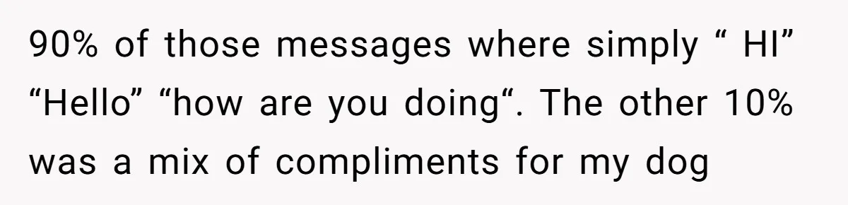 90% of those messages where simply “ HI” “Hello” “how are you doing“. The other 10% was a mix of compliments for my dog