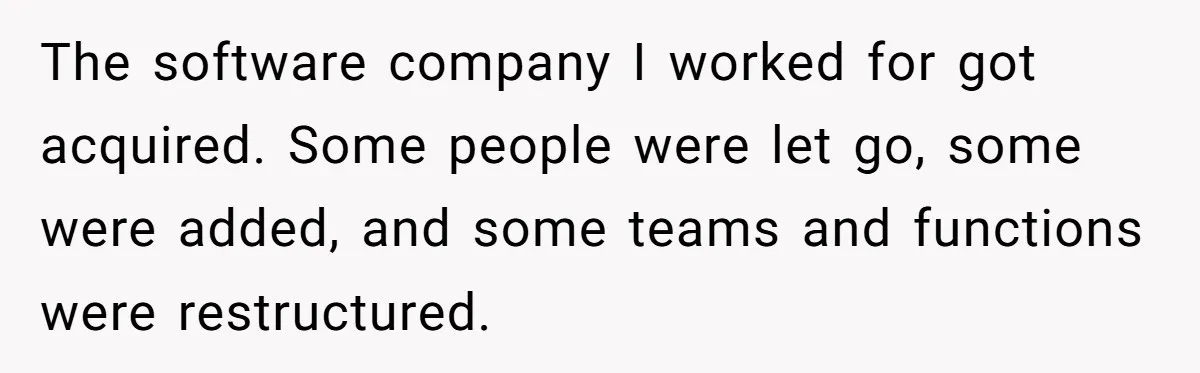The software company I worked for got acquired. Some people were let go, some were added, and some teams and functions were restructured.