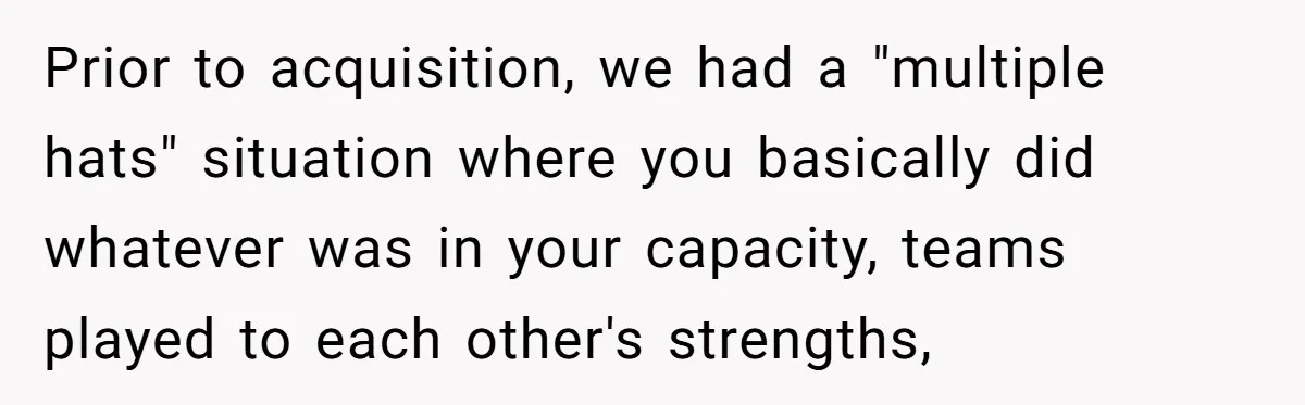 Prior to acquisition, we had a "multiple hats" situation where you basically did whatever was in your capacity, teams played to each other's strengths,