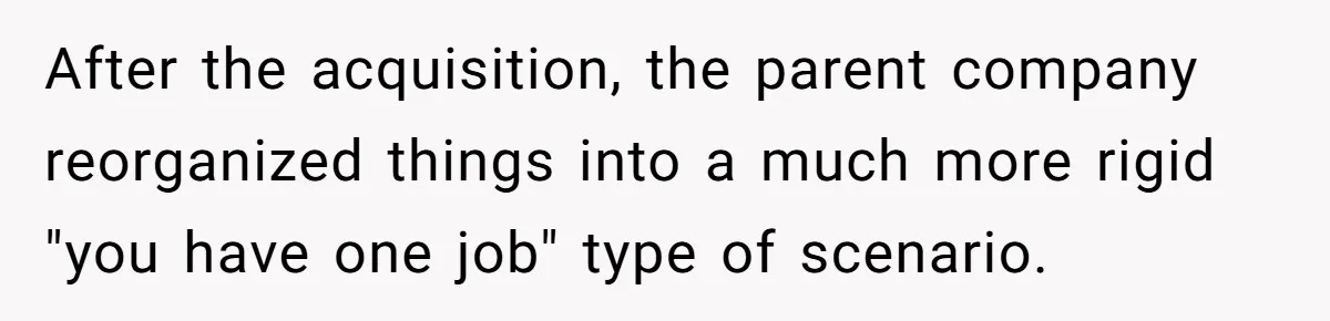 After the acquisition, the parent company reorganized things into a much more rigid "you have one job" type of scenario.