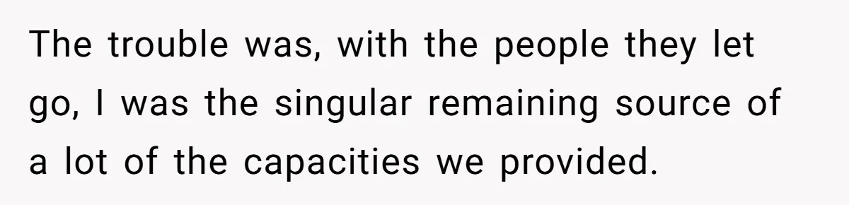 The trouble was, with the people they let go, I was the singular remaining source of a lot of the capacities we provided.