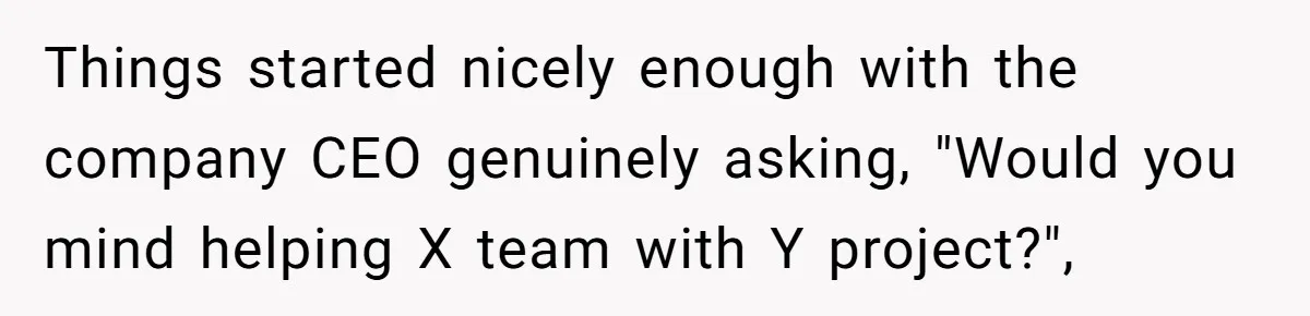 Things started nicely enough with the company CEO genuinely asking, "Would you mind helping X team with Y project?",