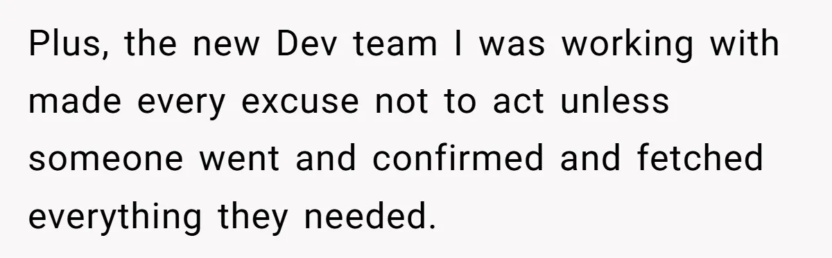 Plus, the new Dev team I was working with made every excuse not to act unless someone went and confirmed and fetched everything they needed.