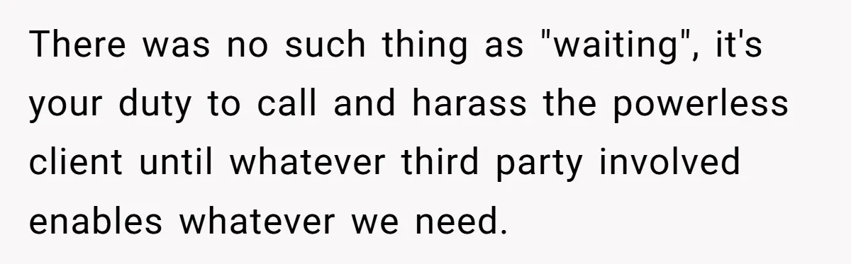 There was no such thing as "waiting", it's your duty to call and harass the powerless client until whatever third party involved enables whatever we need.