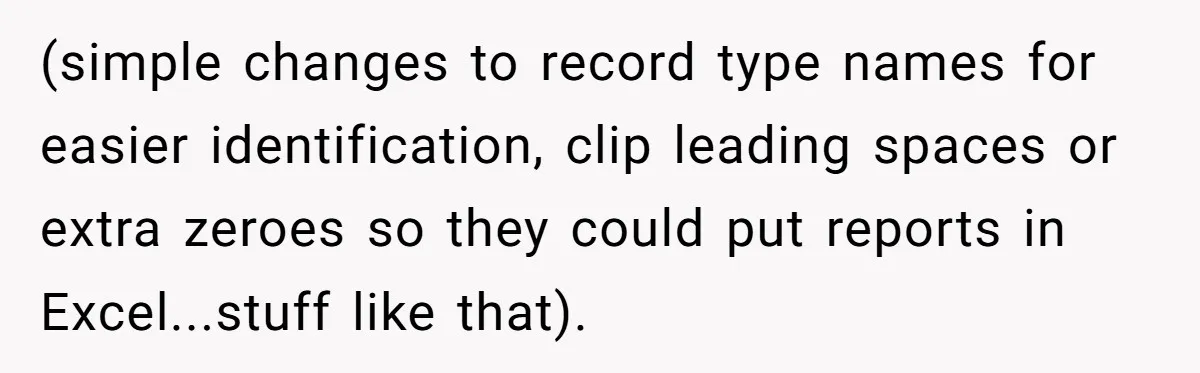 (simple changes to record type names for easier identification, clip leading spaces or extra zeroes so they could put reports in Excel...stuff like that).