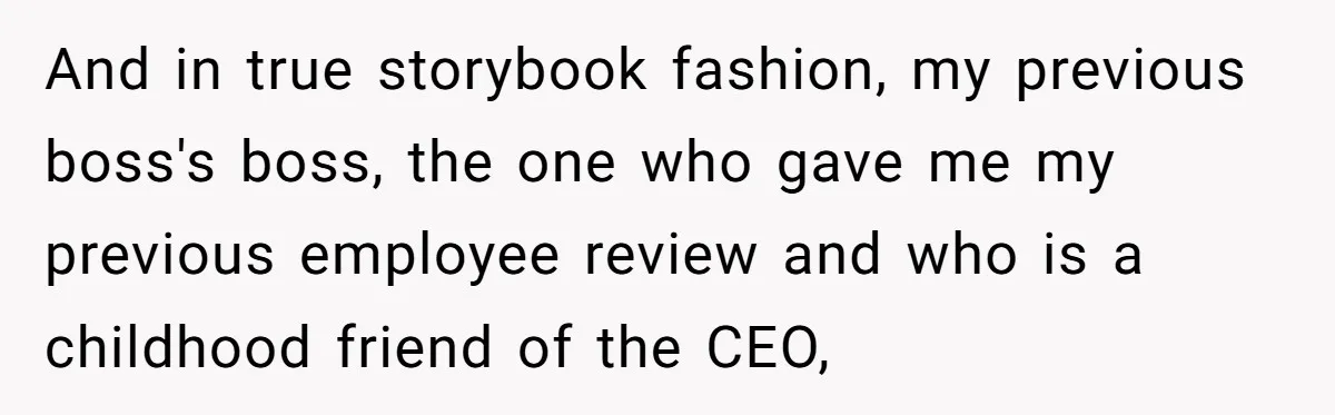 And in true storybook fashion, my previous boss's boss, the one who gave me my previous employee review and who is a childhood friend of the CEO,