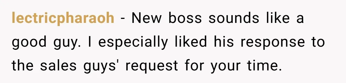lectricpharaoh − New boss sounds like a good guy. I especially liked his response to the sales guys' request for your time.
